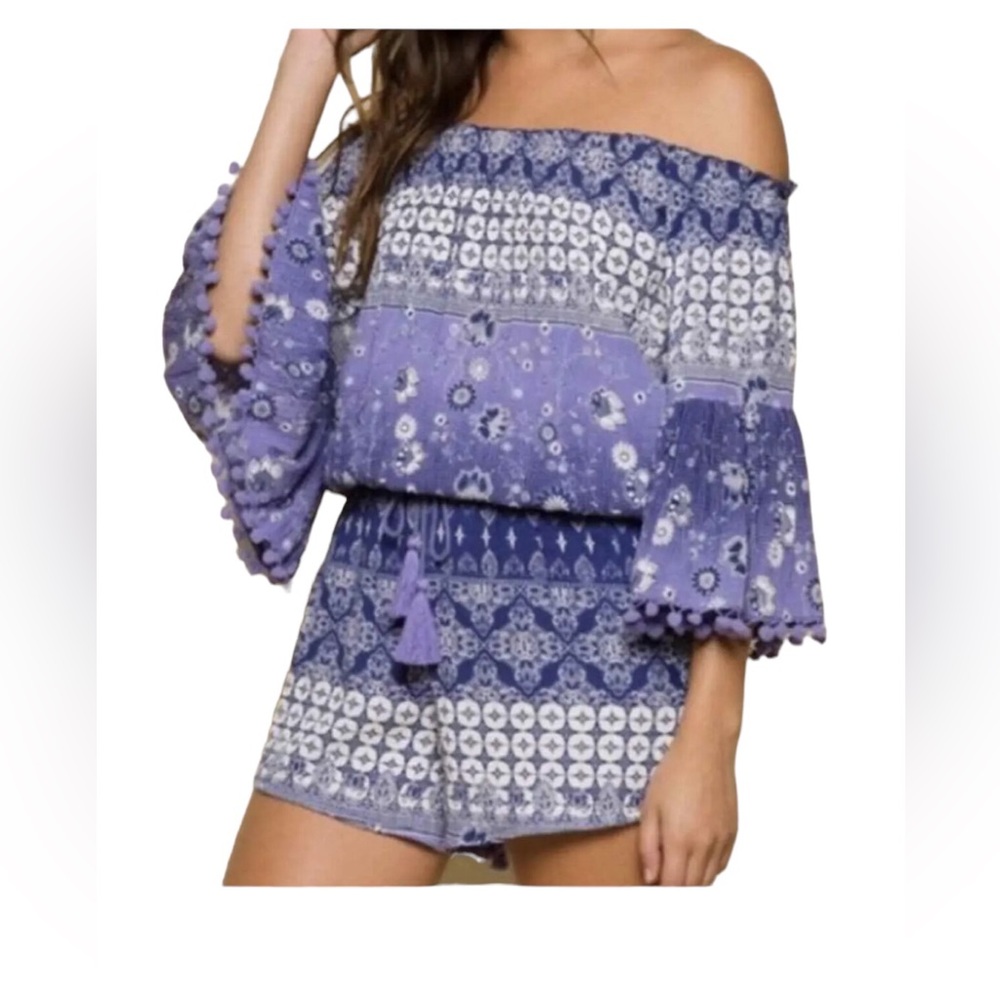 Anthropologie  Raga Blue White Multi Pattern Pom Pom Sleeve NWT Size Large